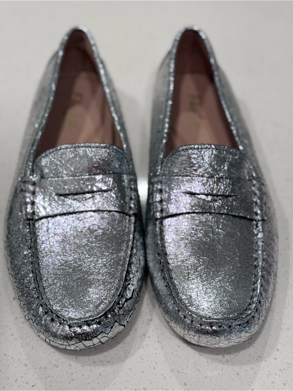 Flag LTD. Silver Metallic Cracked Leather Penny Loafers - NWOB - Size 7M